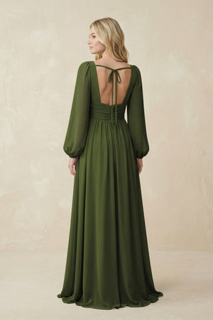 V-Neck Long Sleeve A-Line Chiffon Bridesmaid Dress in Olive - SHE IS ME BRIDESMAID DRESSES