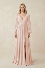 V-Neck Long Sleeve A-Line Chiffon Bridesmaid Dress in Pale Blush - KISS BRIDAL BRIDESMAID DRESSES