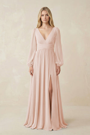 V-Neck Long Sleeve A-Line Chiffon Bridesmaid Dress in Pale Blush - SHE IS ME BRIDESMAID DRESSES