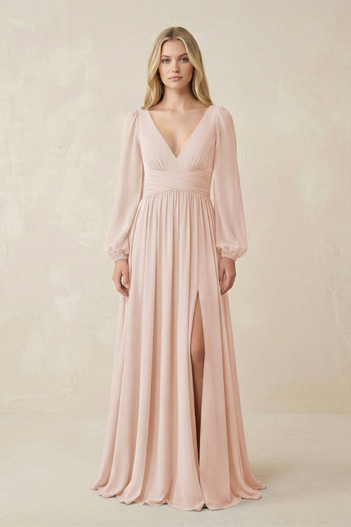 V-Neck Long Sleeve A-Line Chiffon Bridesmaid Dress in Pale Blush - SHE IS ME BRIDESMAID DRESSES