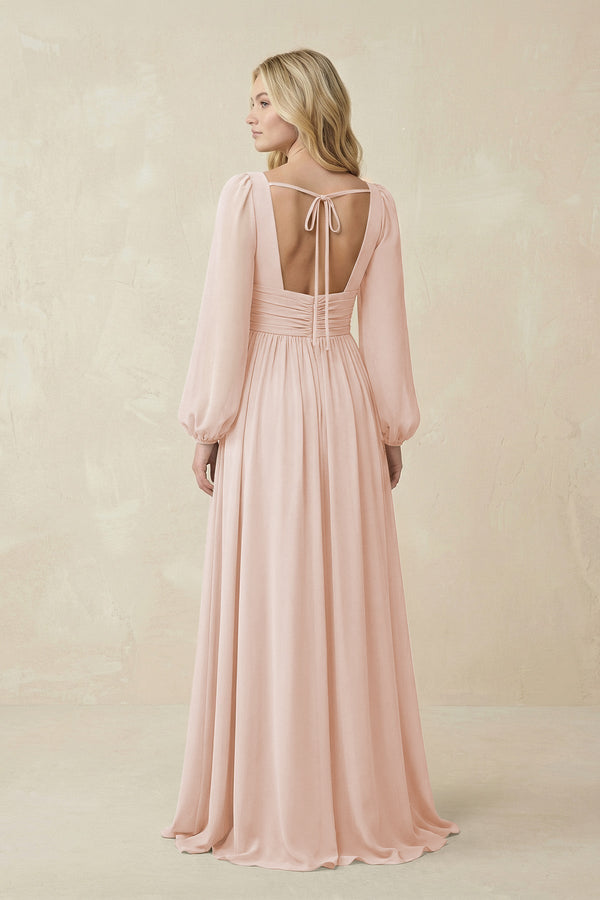 V-Neck Long Sleeve A-Line Chiffon Bridesmaid Dress in Pale Blush - SHE IS ME BRIDESMAID DRESSES