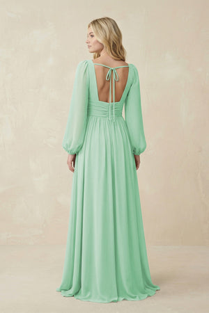 V-Neck Long Sleeve A-Line Chiffon Bridesmaid Dress in Pale Pistachio - SHE IS ME BRIDESMAID DRESSES