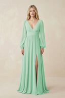 V-Neck Long Sleeve A-Line Chiffon Bridesmaid Dress in Pale Pistachio - SHE IS ME BRIDESMAID DRESSES