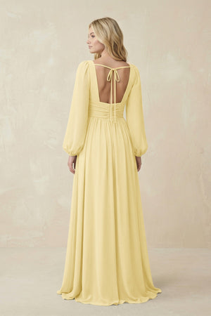 V-Neck Long Sleeve A-Line Chiffon Bridesmaid Dress in Pastel Yellow - SHE IS ME BRIDESMAID DRESSES