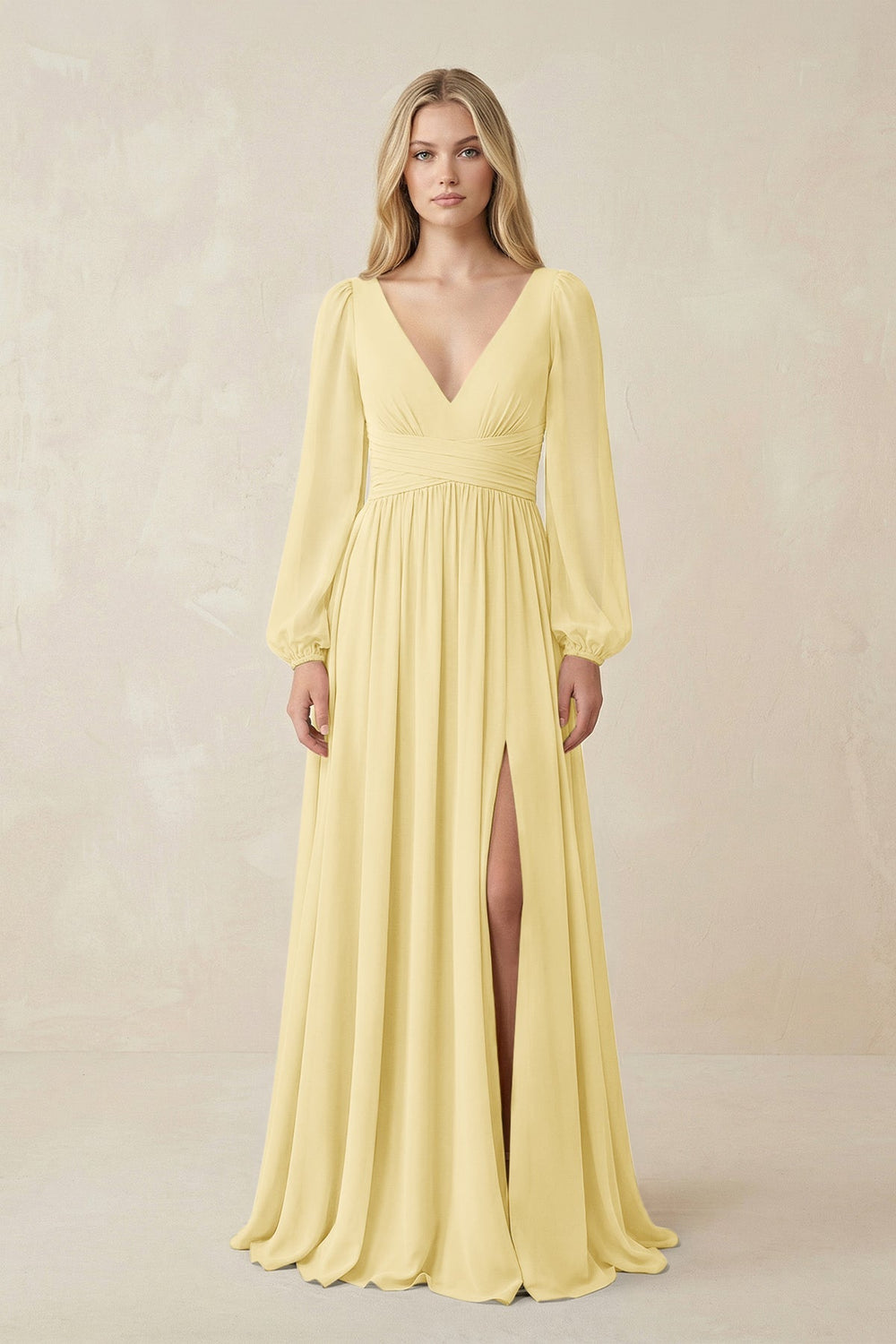 V-Neck Long Sleeve A-Line Chiffon Bridesmaid Dress in Pastel Yellow - KISS BRIDAL BRIDESMAID DRESSES