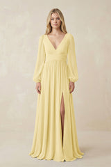 V-Neck Long Sleeve A-Line Chiffon Bridesmaid Dress in Pastel Yellow - KISS BRIDAL BRIDESMAID DRESSES