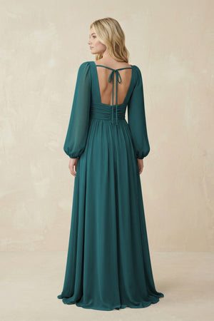 V-Neck Long Sleeve A-Line Chiffon Bridesmaid Dress in Pine - SHE IS ME BRIDESMAID DRESSES