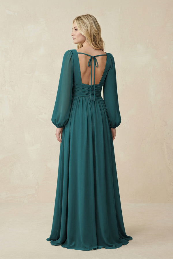 V-Neck Long Sleeve A-Line Chiffon Bridesmaid Dress in Pine - SHE IS ME BRIDESMAID DRESSES