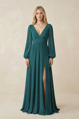 V-Neck Long Sleeve A-Line Chiffon Bridesmaid Dress in Pine - KISS BRIDAL BRIDESMAID DRESSES