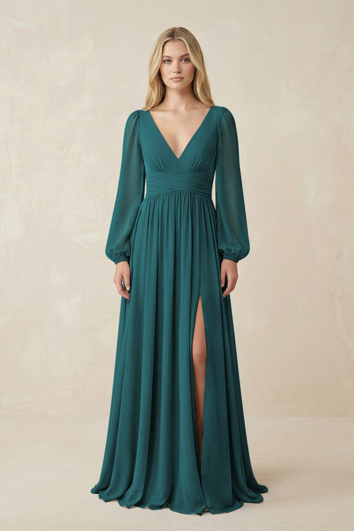 V-Neck Long Sleeve A-Line Chiffon Bridesmaid Dress in Pine - SHE IS ME BRIDESMAID DRESSES