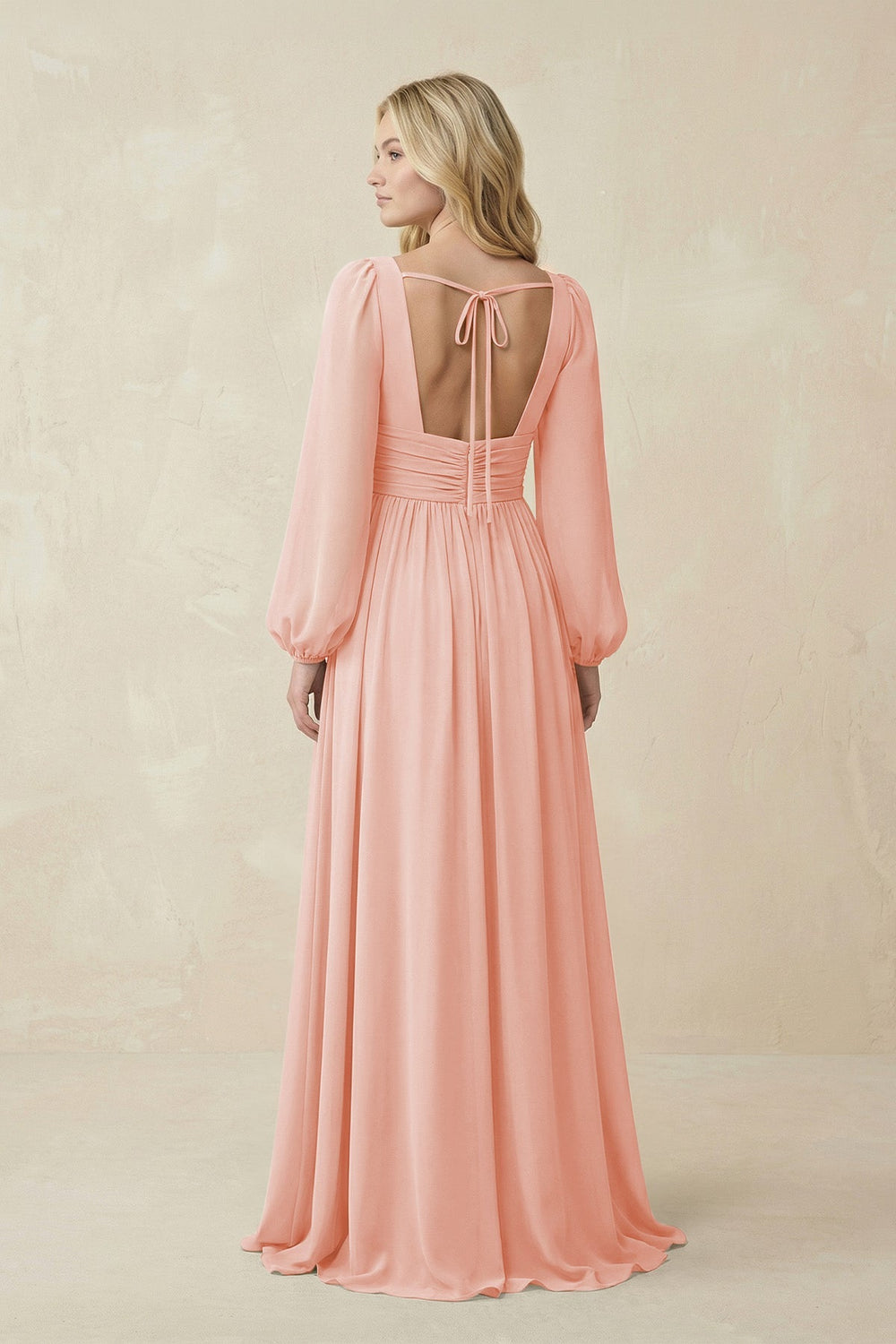 V-Neck Long Sleeve A-Line Chiffon Bridesmaid Dress in Rose Petal - KISS BRIDAL BRIDESMAID DRESSES