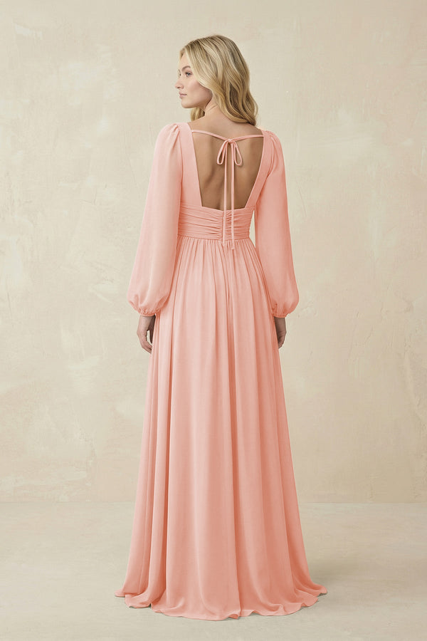 V-Neck Long Sleeve A-Line Chiffon Bridesmaid Dress in Rose Petal - SHE IS ME BRIDESMAID DRESSES