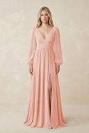 V-Neck Long Sleeve A-Line Chiffon Bridesmaid Dress in Rose Petal - SHE IS ME BRIDESMAID DRESSES