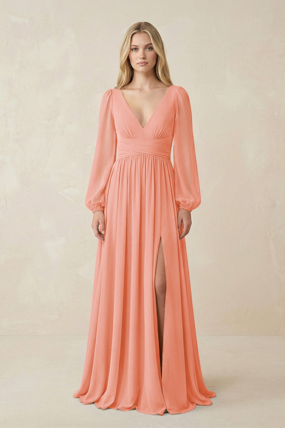 V-Neck Long Sleeve A-Line Chiffon Bridesmaid Dress in Rosette - KISS BRIDAL BRIDESMAID DRESSES