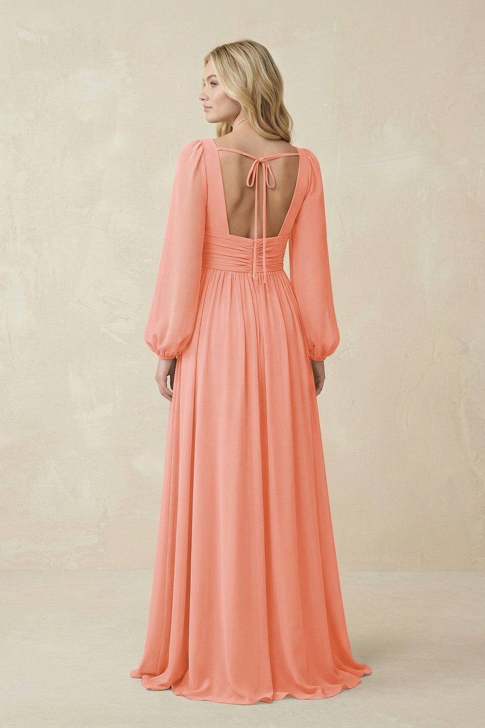 V-Neck Long Sleeve A-Line Chiffon Bridesmaid Dress in Rosette - KISS BRIDAL BRIDESMAID DRESSES