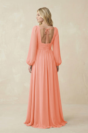 V-Neck Long Sleeve A-Line Chiffon Bridesmaid Dress in Rosette - SHE IS ME BRIDESMAID DRESSES