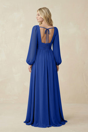 V-Neck Long Sleeve A-Line Chiffon Bridesmaid Dress in Royal Blue - SHE IS ME BRIDESMAID DRESSES
