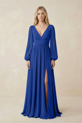 V-Neck Long Sleeve A-Line Chiffon Bridesmaid Dress in Royal Blue - KISS BRIDAL BRIDESMAID DRESSES