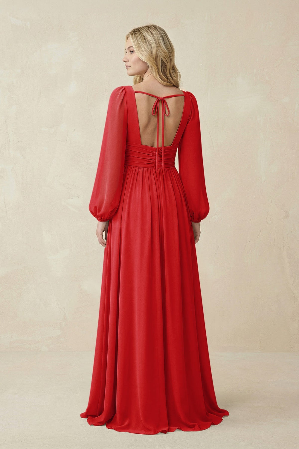 V-Neck Long Sleeve A-Line Chiffon Bridesmaid Dress in Ruby Red - KISS BRIDAL BRIDESMAID DRESSES
