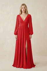 V-Neck Long Sleeve A-Line Chiffon Bridesmaid Dress in Ruby Red - KISS BRIDAL BRIDESMAID DRESSES