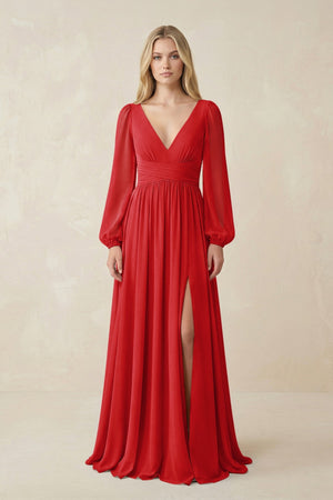 V-Neck Long Sleeve A-Line Chiffon Bridesmaid Dress in Ruby Red - SHE IS ME BRIDESMAID DRESSES