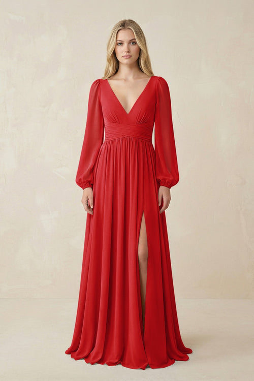 V-Neck Long Sleeve A-Line Chiffon Bridesmaid Dress in Ruby Red - SHE IS ME BRIDESMAID DRESSES