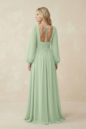 V-Neck Long Sleeve A-Line Chiffon Bridesmaid Dress in Sage - SHE IS ME BRIDESMAID DRESSES