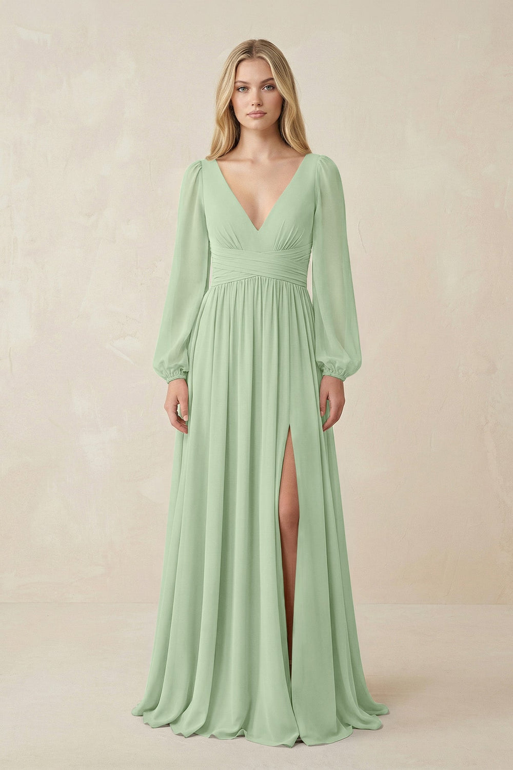 V-Neck Long Sleeve A-Line Chiffon Bridesmaid Dress in Sage - KISS BRIDAL BRIDESMAID DRESSES