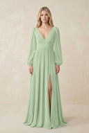 V-Neck Long Sleeve A-Line Chiffon Bridesmaid Dress in Sage - SHE IS ME BRIDESMAID DRESSES