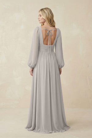V-Neck Long Sleeve A-Line Chiffon Bridesmaid Dress in Silver - SHE IS ME BRIDESMAID DRESSES