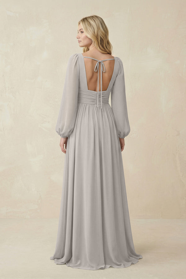 V-Neck Long Sleeve A-Line Chiffon Bridesmaid Dress in Silver - SHE IS ME BRIDESMAID DRESSES