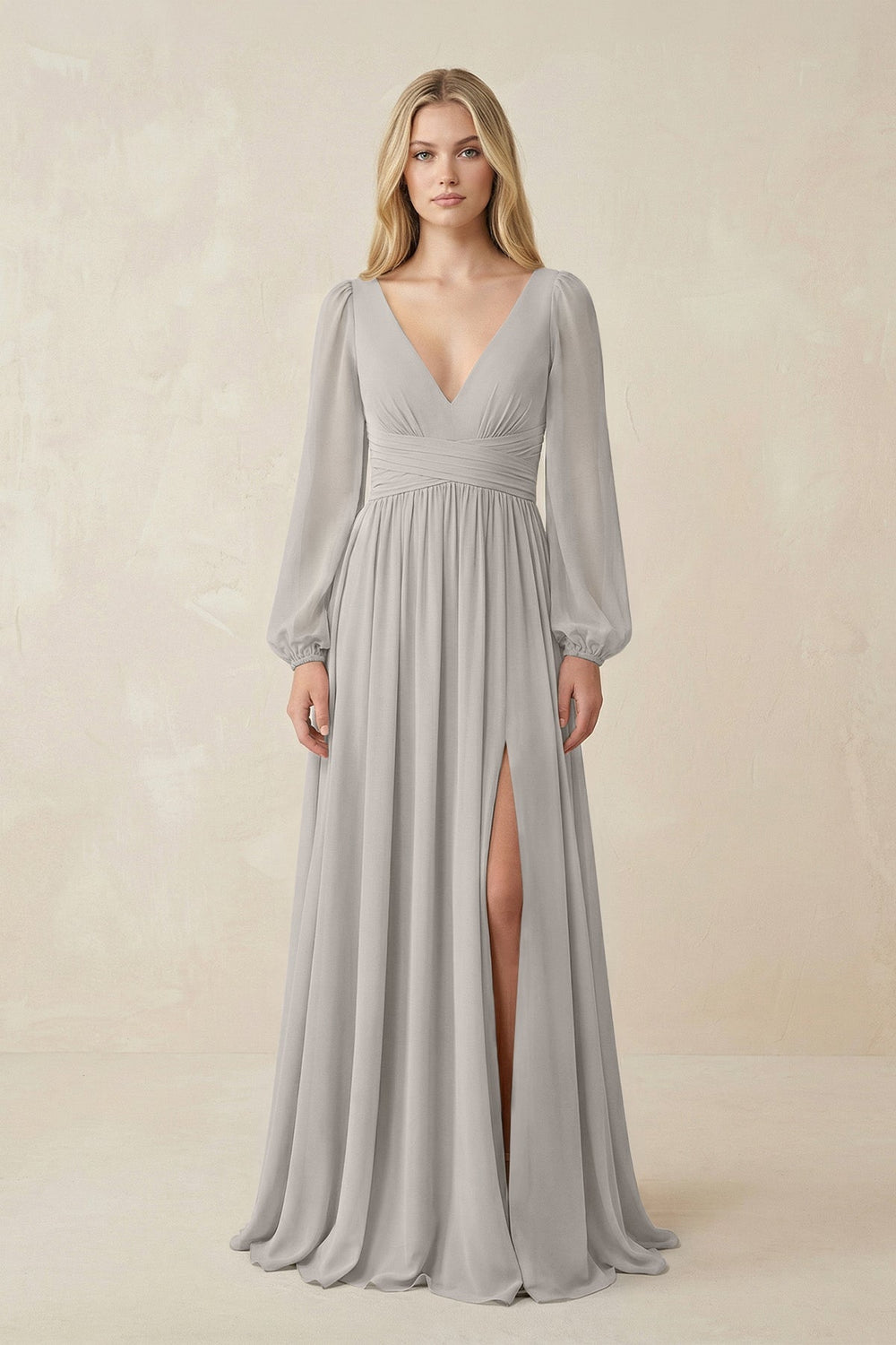 V-Neck Long Sleeve A-Line Chiffon Bridesmaid Dress in Silver - KISS BRIDAL BRIDESMAID DRESSES