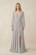 V-Neck Long Sleeve A-Line Chiffon Bridesmaid Dress in Silver - SHE IS ME BRIDESMAID DRESSES