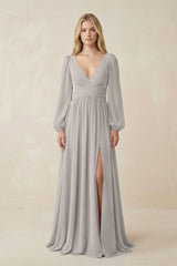 V-Neck Long Sleeve A-Line Chiffon Bridesmaid Dress in Silver - KISS BRIDAL BRIDESMAID DRESSES