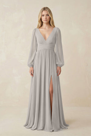 V-Neck Long Sleeve A-Line Chiffon Bridesmaid Dress in Silver - SHE IS ME BRIDESMAID DRESSES