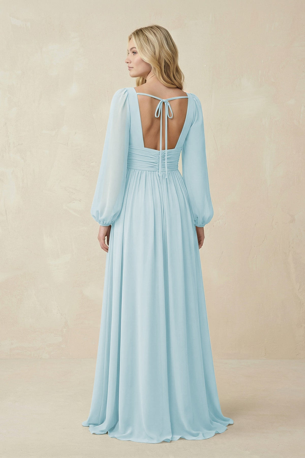 V-Neck Long Sleeve A-Line Chiffon Bridesmaid Dress in Sky Blue - KISS BRIDAL BRIDESMAID DRESSES