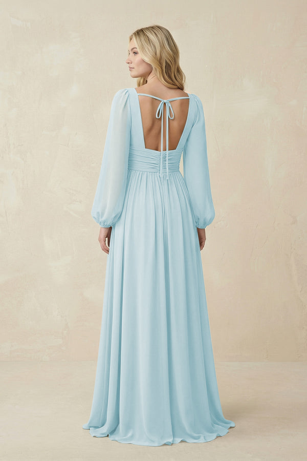 V-Neck Long Sleeve A-Line Chiffon Bridesmaid Dress in Sky Blue - SHE IS ME BRIDESMAID DRESSES