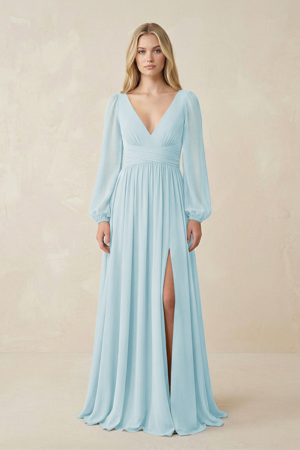 V-Neck Long Sleeve A-Line Chiffon Bridesmaid Dress in Sky Blue - KISS BRIDAL BRIDESMAID DRESSES
