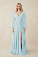 V-Neck Long Sleeve A-Line Chiffon Bridesmaid Dress in Sky Blue - SHE IS ME BRIDESMAID DRESSES