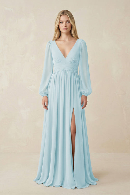 V-Neck Long Sleeve A-Line Chiffon Bridesmaid Dress in Sky Blue - SHE IS ME BRIDESMAID DRESSES
