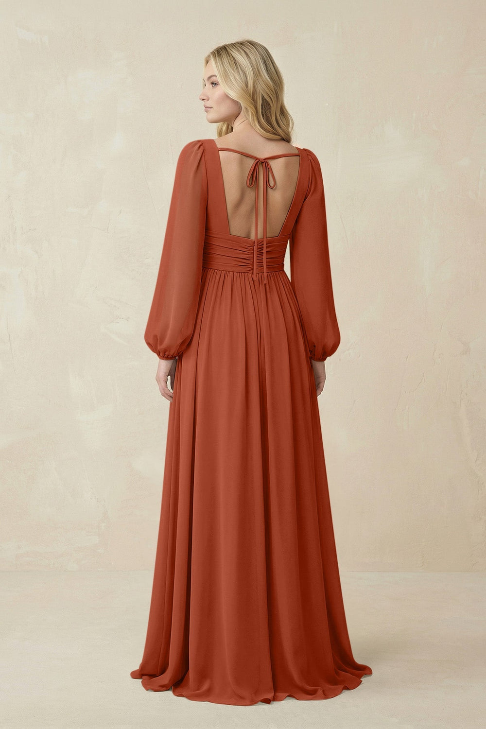 V-Neck Long Sleeve A-Line Chiffon Bridesmaid Dress in Spice - KISS BRIDAL BRIDESMAID DRESSES