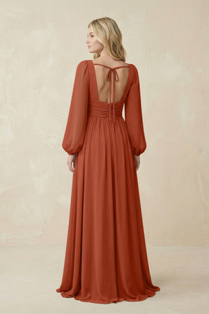 V-Neck Long Sleeve A-Line Chiffon Bridesmaid Dress in Spice - SHE IS ME BRIDESMAID DRESSES