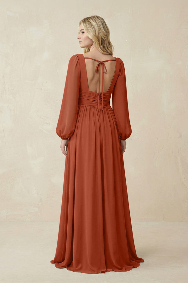 V-Neck Long Sleeve A-Line Chiffon Bridesmaid Dress in Spice - SHE IS ME BRIDESMAID DRESSES