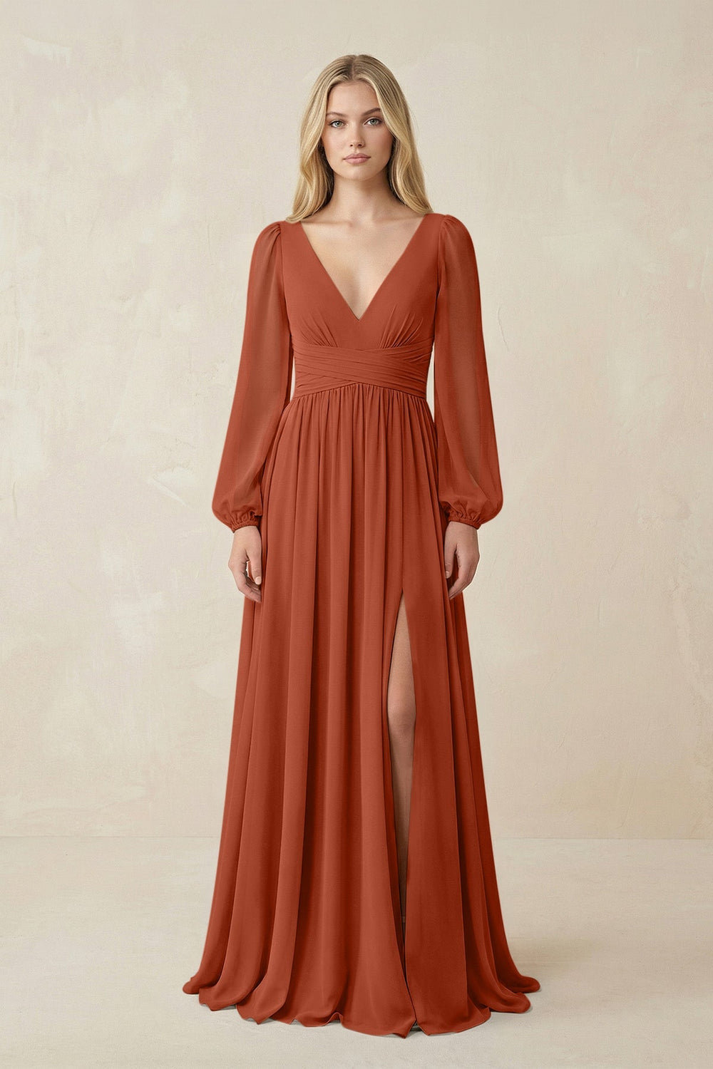 V-Neck Long Sleeve A-Line Chiffon Bridesmaid Dress in Spice - KISS BRIDAL BRIDESMAID DRESSES