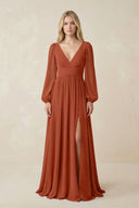 V-Neck Long Sleeve A-Line Chiffon Bridesmaid Dress in Spice - SHE IS ME BRIDESMAID DRESSES