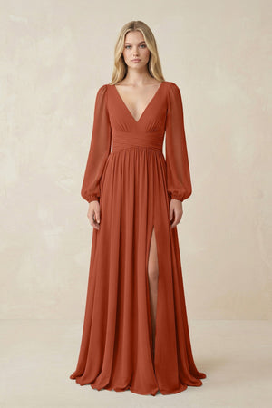 V-Neck Long Sleeve A-Line Chiffon Bridesmaid Dress in Spice - SHE IS ME BRIDESMAID DRESSES