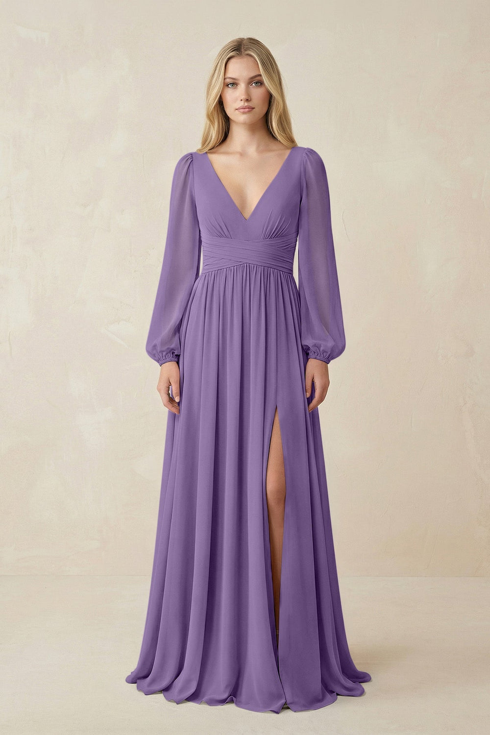 V-Neck Long Sleeve A-Line Chiffon Bridesmaid Dress in Tahiti - KISS BRIDAL BRIDESMAID DRESSES