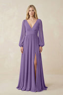 V-Neck Long Sleeve A-Line Chiffon Bridesmaid Dress in Tahiti - SHE IS ME BRIDESMAID DRESSES