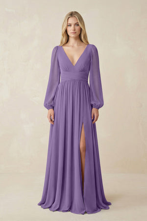 V-Neck Long Sleeve A-Line Chiffon Bridesmaid Dress in Tahiti - SHE IS ME BRIDESMAID DRESSES