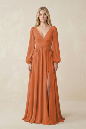 V-Neck Long Sleeve A-Line Chiffon Bridesmaid Dress in Terracotta - SHE IS ME BRIDESMAID DRESSES